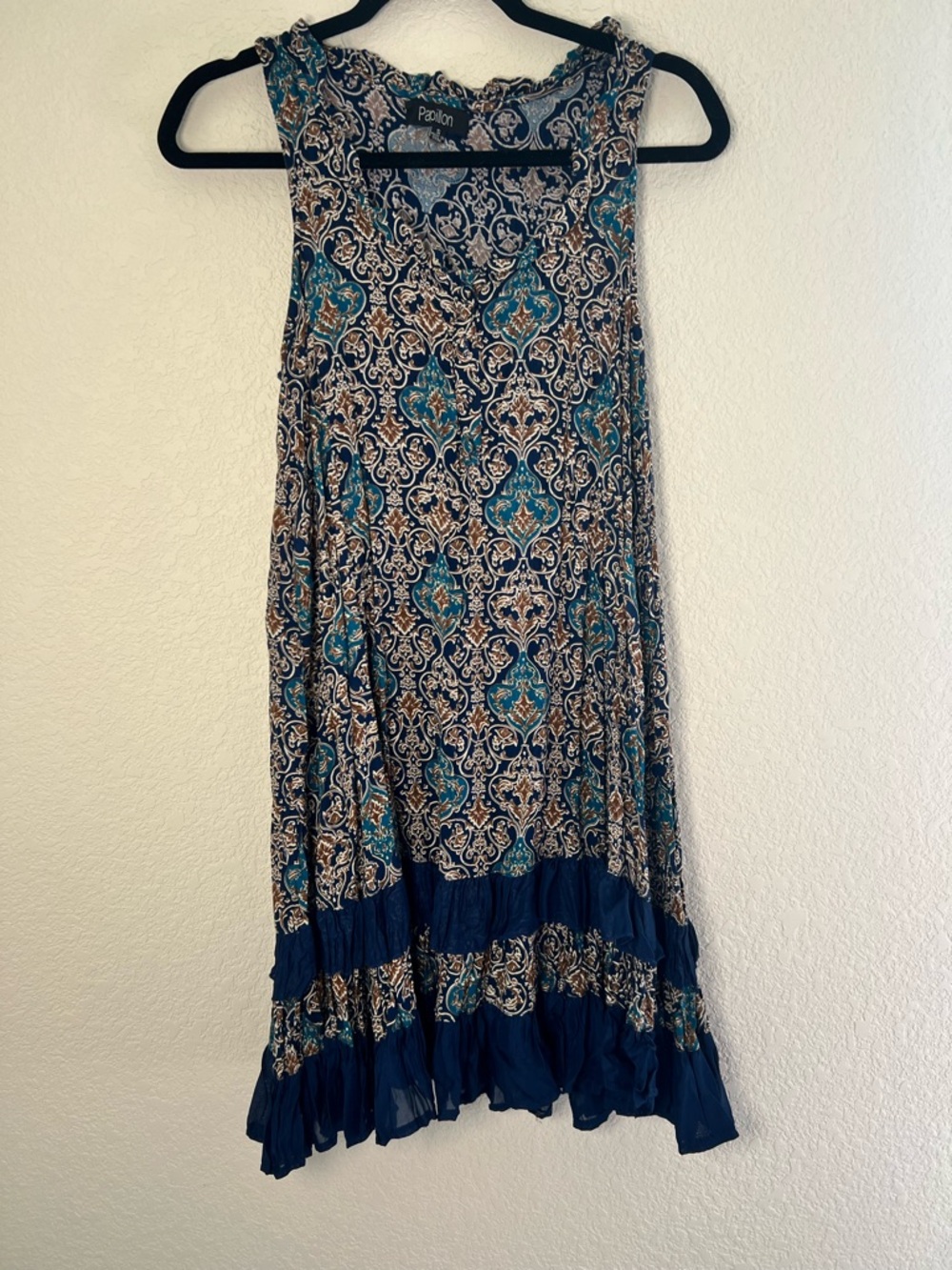 Papillon Bohemian Paisley Print Sleeveless Dress in Teal and Navy